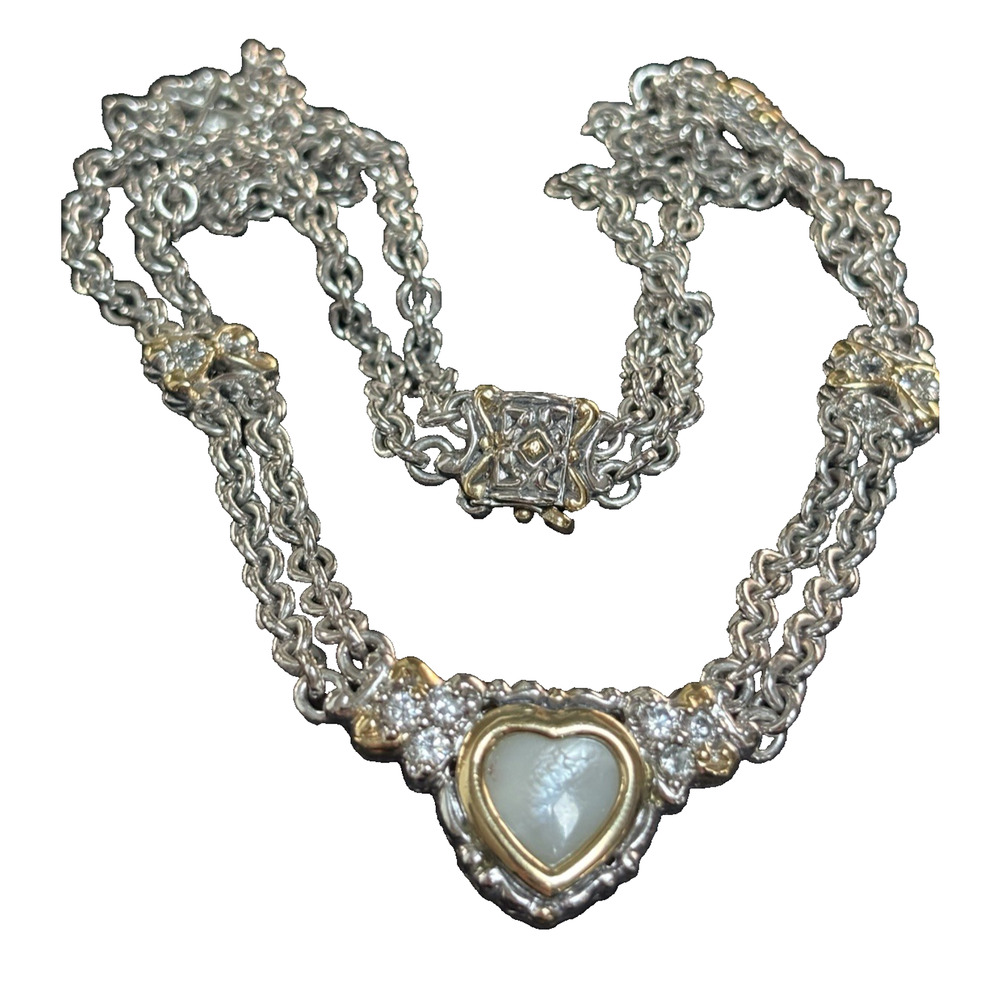 John Medeiros Mother of Pearl Double Strand Necklace Multi Metal Heart Nouveau